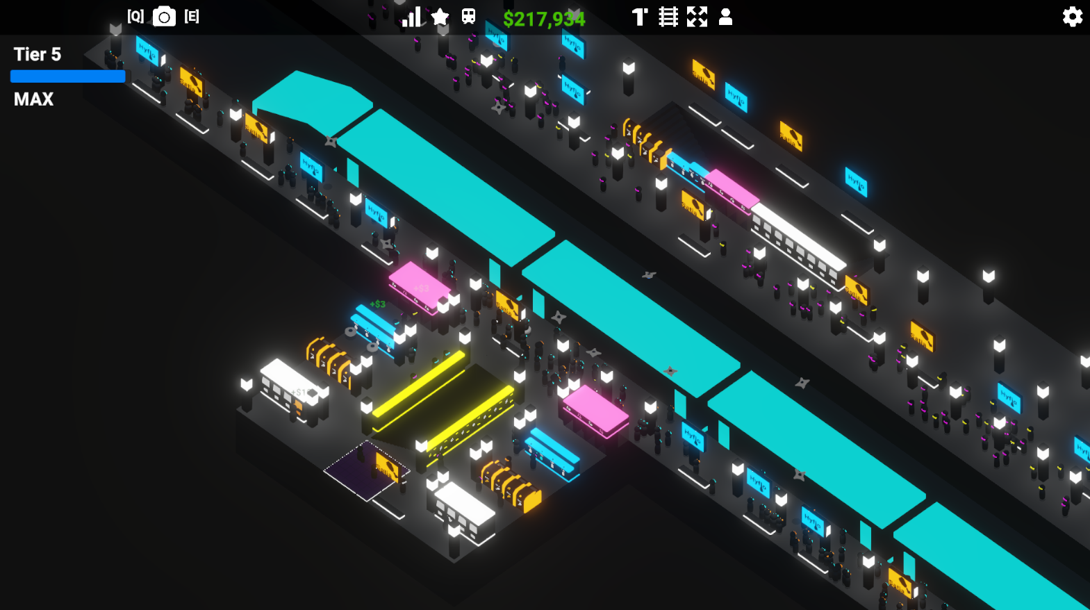 Cyber Station late game: cyan trains stretched along the platforms of a large neon station while crowds of passengers move through the concourse